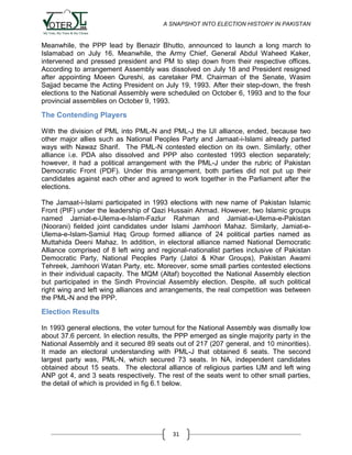 A SNAPSHOT INTO ELECTION HISTORY IN PAKISTAN

Meanwhile, the PPP lead by Benazir Bhutto, announced to launch a long march to
Islamabad on July 16. Meanwhile, the Army Chief, General Abdul Waheed Kaker,
intervened and pressed president and PM to step down from their respective offices.
According to arrangement Assembly was dissolved on July 18 and President resigned
after appointing Moeen Qureshi, as caretaker PM. Chairman of the Senate, Wasim
Sajjad became the Acting President on July 19, 1993. After their step-down, the fresh
elections to the National Assembly were scheduled on October 6, 1993 and to the four
provincial assemblies on October 9, 1993.

The Contending Players
With the division of PML into PML-N and PML-J the IJI alliance, ended, because two
other major allies such as National Peoples Party and Jamaat-i-Islami already parted
ways with Nawaz Sharif. The PML-N contested election on its own. Similarly, other
alliance i.e. PDA also dissolved and PPP also contested 1993 election separately;
however, it had a political arrangement with the PML-J under the rubric of Pakistan
Democratic Front (PDF). Under this arrangement, both parties did not put up their
candidates against each other and agreed to work together in the Parliament after the
elections.
The Jamaat-i-Islami participated in 1993 elections with new name of Pakistan Islamic
Front (PIF) under the leadership of Qazi Hussain Ahmad. However, two Islamic groups
named Jamiat-e-Ulema-e-Islam-Fazlur Rahman and Jamiat-e-Ulema-e-Pakistan
(Noorani) fielded joint candidates under Islami Jamhoori Mahaz. Similarly, Jamiat-eUlema-e-Islam-Samiul Haq Group formed alliance of 24 political parties named as
Muttahida Deeni Mahaz. In addition, in electoral alliance named National Democratic
Alliance comprised of 8 left wing and regional-nationalist parties inclusive of Pakistan
Democratic Party, National Peoples Party (Jatoi & Khar Groups), Pakistan Awami
Tehreek, Jamhoori Watan Party, etc. Moreover, some small parties contested elections
in their individual capacity. The MQM (Altaf) boycotted the National Assembly election
but participated in the Sindh Provincial Assembly election. Despite, all such political
right wing and left wing alliances and arrangements, the real competition was between
the PML-N and the PPP.

Election Results
In 1993 general elections, the voter turnout for the National Assembly was dismally low
about 37.6 percent. In election results, the PPP emerged as single majority party in the
National Assembly and it secured 89 seats out of 217 (207 general, and 10 minorities).
It made an electoral understanding with PML-J that obtained 6 seats. The second
largest party was, PML-N, which secured 73 seats. In NA, independent candidates
obtained about 15 seats. The electoral alliance of religious parties IJM and left wing
ANP got 4, and 3 seats respectively. The rest of the seats went to other small parties,
the detail of which is provided in fig 6.1 below.

31

 