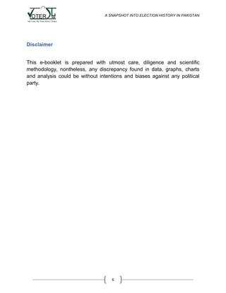 A SNAPSHOT INTO ELECTION HISTORY IN PAKISTAN

Disclaimer

This e-booklet is prepared with utmost care, diligence and scientific
methodology, nontheless, any discrepancy found in data, graphs, charts
and analysis could be without intentions and biases against any political
party.

6

 