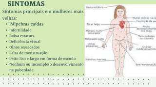 Sintomas principais em mulheres mais
velhas:
• Pálpebras caídas
• Infertilidade
• Baixa estatura
• Deficiência visual
• Olhos ressecados
• Falta de menstruação
• Peito liso e largo em forma de escudo
• Nenhum ou incompleto desenvolvimento
na puberdade.
SINTOMAS
 