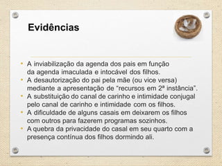 Evidências

• A inviabilização da agenda dos pais em função
•
•
•
•

da agenda imaculada e intocável dos filhos.
A desautorização do pai pela mãe (ou vice versa)
mediante a apresentação de “recursos em 2ª instância”.
A substituição do canal de carinho e intimidade conjugal
pelo canal de carinho e intimidade com os filhos.
A dificuldade de alguns casais em deixarem os filhos
com outros para fazerem programas sozinhos.
A quebra da privacidade do casal em seu quarto com a
presença contínua dos filhos dormindo ali.

 