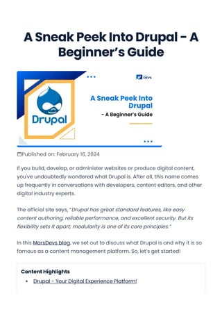 A Sneak Peek Into Drupal - A
Beginner’s Guide
Published on: February 16, 2024
If you build, develop, or administer websites or produce digital content,
you've undoubtedly wondered what Drupal is. After all, this name comes
up frequently in conversations with developers, content editors, and other
digital industry experts.
The official site says, “Drupal has great standard features, like easy
content authoring, reliable performance, and excellent security. But its
flexibility sets it apart; modularity is one of its core principles.”
In this MarsDevs blog, we set out to discuss what Drupal is and why it is so
famous as a content management platform. So, let’s get started!
Content Highlights
Drupal - Your Digital Experience Platform!
Convert web pages and HTML files to PDF in your applications with the Pdfcrowd HTML to PDF API Printed with Pdfcrowd.com
 