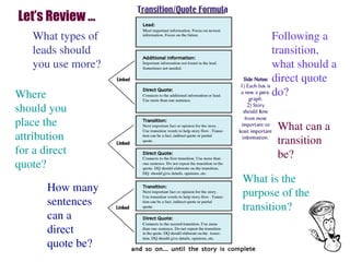 What types of
leads should
you use more?
Where
should you
place the
attribution
for a direct
quote?
How many
sentences
can a
direct
quote be?
What is the
purpose of the
transition?
What can a
transition
be?
Following a
transition,
what should a
direct quote
do?
Let’s Review …
 