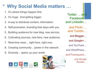 + Why Social Media matters …
1. It’s where things happen first.
2. It’s huge. And getting bigger.
3. A way to distribute content, information.
4. Self-promotion, branding that stays with you.
5. Building audience for new blog, new service.
6. Cultivating sources, new fans, new audience.
7. Real-time news .. right here, right now.
8. Creating community .. power in the network.
9. Diversity .. opens up your world.
Twitter … and
Facebook…
and LinkedIn…
and Flickr….
and Tumblr…
and Blogger…
and Google+…
and YouTube…
and WordPress…
and Foursquare…
and Google
Reader…
 
