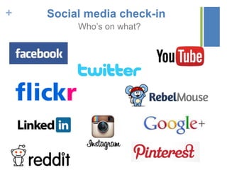 + Social media check-in
Who’s on what?
 