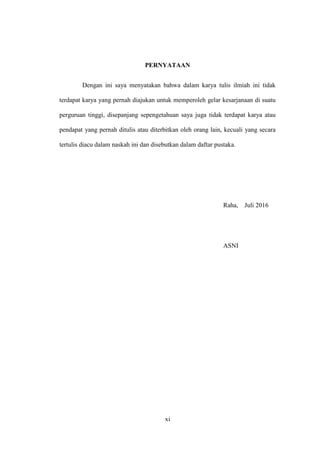 xi
PERNYATAAN
Dengan ini saya menyatakan bahwa dalam karya tulis ilmiah ini tidak
terdapat karya yang pernah diajukan untuk memperoleh gelar kesarjanaan di suatu
perguruan tinggi, disepanjang sepengetahuan saya juga tidak terdapat karya atau
pendapat yang pernah ditulis atau diterbitkan oleh orang lain, kecuali yang secara
tertulis diacu dalam naskah ini dan disebutkan dalam daftar pustaka.
Raha, Juli 2016
ASNI
 
