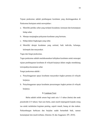 18
Tujuan puskesmas adalah pembanguan kesehatan yang diselenggarakan di
Puskesmas bertujuan untuk mewujutkan :
a. Memiliki perlaku sehat yang meliputi kesadaran, kemauan dan kemampuan
hidup sehat.
b. Mampu menjangkau pelayanan kesehatan yang bermutu.
c. Hidup dalam lingkungan yang sehat.
d. Memiliki derajat kesahatan yang ootimal, baik individu, keluarga,
kelompok dan masyarakat.
Tugas dan fungsi puskesmas.
Tugas puskesmas adalah mnelaksanankan kebijakan kesehatan untuk mencapai
tujuan pembangunan kesehatan di wilayah kerjanya dalam rangka mendukung
terwujudnya kecamatan sehat.
Fungsi puskesmas adalah :
a. Penyelenggaraan upaya kesehatan masyarakat tingkat pertama di wilayah
kerjanya.
b. Penyelenggaraan upaya kesehatan perseorangan tingkat pertam di wilayah
kerjanya.
B. Landasan Teori
Balita adalah istilah umum bagi anak usia 1-3 tahun (batita) dan anak
prasekolah (3-5 tahun). Saat usia batita, anak masih terpengaruh kepada orang
tua untuk melakukan kegiatan penting, seperti mandi, buang air dan makan.
Perkembangan berbicara dan berjalan sudah bertambah baik, namun
kemampuan lain masih terbatas. (Sutomo. B. dan Anggraeni. DY, 2010).
 