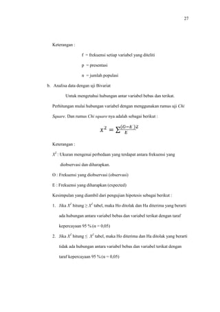 27
Keterangan :
f = frekuensi setiap variabel yang diteliti
p = presentasi
n = jumlah populasi
b. Analisa data dengan uji Bivariat
Untuk mengetahui hubungan antar variabel bebas dan terikat.
Perhitungan mulai hubungan variabel dengan menggunakan rumus uji Chi
Square. Dan rumus Chi square nya adalah sebagai berikut :
= ∑( )
Keterangan :
X2
: Ukuran mengenai perbedaan yang terdapat antara frekuensi yang
diobservasi dan diharapkan.
O : Frekuensi yang diobservasi (observasi)
E : Frekuensi yang diharapkan (expected)
Kesimpulan yang diambil dari pengujian hipotesis sebagai berikut :
1. Jika X2
hitung ≥ X2
tabel, maka Ho ditolak dan Ha diterima yang berarti
ada hubungan antara variabel bebas dan variabel terikat dengan taraf
kepercayaan 95 % (α = 0,05)
2. Jika X2
hitung ≤ X2
tabel, maka Ho diterima dan Ha ditolak yang berarti
tidak ada hubungan antara variabel bebas dan variabel terikat dengan
taraf kepercayaan 95 % (α = 0,05)
 