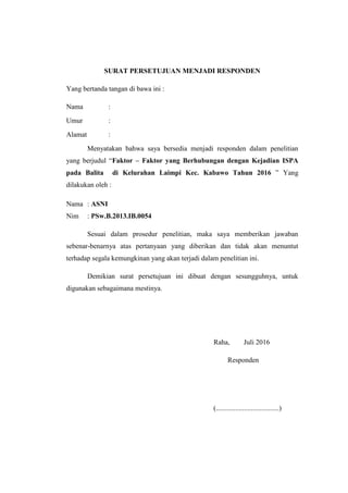 SURAT PERSETUJUAN MENJADI RESPONDEN
Yang bertanda tangan di bawa ini :
Nama :
Umur :
Alamat :
Menyatakan bahwa saya bersedia menjadi responden dalam penelitian
yang berjudul “Faktor – Faktor yang Berhubungan dengan Kejadian ISPA
pada Balita di Kelurahan Laimpi Kec. Kabawo Tahun 2016 ” Yang
dilakukan oleh :
Nama : ASNI
Nim : PSw.B.2013.IB.0054
Sesuai dalam prosedur penelitian, maka saya memberikan jawaban
sebenar-benarnya atas pertanyaan yang diberikan dan tidak akan menuntut
terhadap segala kemungkinan yang akan terjadi dalam penelitian ini.
Demikian surat persetujuan ini dibuat dengan sesungguhnya, untuk
digunakan sebagaimana mestinya.
Raha, Juli 2016
Responden
(....................................)
 