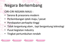 Negara Berkembang
CIRI-CIRI NEGARA MAJU :
• Sarana & prasarana modern
• Perkembangan iptek maju / pesat
• Pendapatan perkapita tinggi
• Tidak tergantung alam , tapi bergantung teknologi
• Pusat kegiatan industry
• Tingkat pertumbuhan rendah
Materi Contoh Soal Soal Daftar Pustaka
 