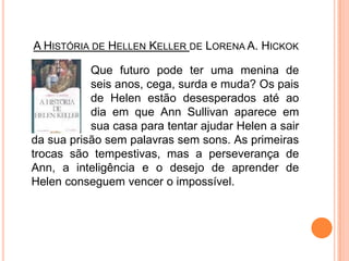 A História de HellenKellerde Lorena A. HickokQue futuro pode ter uma menina de 		seis anos, cega, surda e muda? Os pais 		de Helen estão desesperados até ao 		dia em que AnnSullivan aparece em 		sua casa para tentar ajudar Helen a sair da sua prisão sem palavras sem sons. As primeiras trocas são tempestivas, mas a perseverança de Ann, a inteligência e o desejo de aprender de Helen conseguem vencer o impossível.