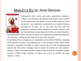 Marley e Eu de John Grogan			 Chamavam-se John e Jenny, eram jovens, apaixonados e estavam a 		começar a sua vida juntos, sem grandes preocupações, até ao momento 		em que levaram para casa Marley, "um bola de pêlo amarelo em forma 		de cachorro", que, rapidamente, se transformou num lavrador enorme e 		encorpado de 43 quilos. Era um cão como não havia outro nas 		redondezas: arrombava portas, esgadanhava paredes, babava-se todo 		por cima das visitas, roubava roupa interior feminina e abocanhava tudo a que pudesse deitar o dente. De nada lhe valeram os tranquilizantes receitados pelo veterinário, nem, tão pouco, a "escola de boas maneiras", de onde, aliás, foi expulso. 	Só que Marley tinha um coração puro e a sua lealdade era incondicional. Partilhou a alegria da primeira gravidez do casal e o seu desgosto com a morte prematura do feto, esteve sempre presente no nascimento dos bebés ou quando os gritos de uma vítima de esfaqueamento ecoaram pela noite dentro. Conseguiu ainda a "proeza" de encerrar uma praia pública e arranjou um papel numa longa-metragem, através do qual se fartou de "conquistar" corações humanos. A família Grogan aprendeu, na prática, que o amor se manifesta de muitas maneiras... e feitios.