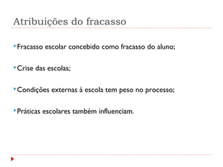 Atribuições do fracasso
Fracasso escolar concebido como fracasso do aluno;
Crise das escolas;
Condições externas à escola tem peso no processo;
Práticas escolares também influenciam.
 