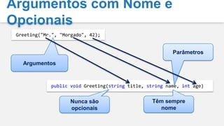 Covariância Seguraout= covarianteapenasemposições de saídapublicinterfaceIEnumerable<T>{IEnumerator<T> GetEnumerator();}publicinterfaceIEnumerable<out T>{IEnumerator<T> GetEnumerator();}PodesertratadocomomenosderivadopublicinterfaceIEnumerator<T>{   T Current { get; }boolMoveNext();}publicinterfaceIEnumerator<out T>{   T Current { get; }boolMoveNext();}IEnumerable<string> strings = GetStrings();IEnumerable<object> objects = strings;