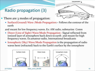 Radio propagation (3)
 There are 3 modes of propagation:
 Surface(Ground) Wave /Mode Propagation:– Follows the contour of the
earth
and meant for low frequency waves. Ex: AM radio, submarine Comn
 Direct (Line of Sight) Wave/Mode Propagation : Signal reflected from
ionized layer of atmosphere back down to earth and meant for high
frequency waves. Ex:amateur radio, International broadcasts
 Ionospheric (Sky) Wave/Mode Propagation is the propagation of radio
waves bent (refracted) back to the Earth's surface by the ionosphere
.frequency waves
2/17/2023 19
ASN_Unit-I_MVSR
 
