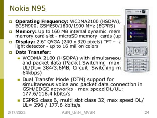 Nokia N95
s
 Operating Frequency: WCDMA2100 (HSDPA),
EGSM900, GSM850/1800/1900 MHz (EGPRS)
 Memory: Up to 160 MB internal dynamic memory;
memory card slot - microSD memory cards (up to 2 GB)
 Display: 2.6" QVGA (240 x 320 pixels) TFT – ambient
light detector - up to 16 million colors
 Data Transfer:
 WCDMA 2100 (HSDPA) with simultaneou voice
and packet data (Packet Switching max speed
UL/DL= 384/3.6MB, Circuit Switching max speed
64kbps)
 Dual Transfer Mode (DTM) support for
simultaneous voice and packet data connection in
GSM/EDGE networks - max speed DL/UL:
177.6/118.4 kbits/s
 EGPRS class B, multi slot class 32, max speed DL/
UL= 296 / 177.6 kbits/s
2/17/2023 24
ASN_Unit-I_MVSR
 