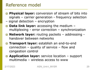 Reference model
 Physical layer: conversion of stream of bits into
signals – carrier generation - frequency selection
– signal detection – encryption
 Data link layer: accessing the medium –
multiplexing - error correction – synchronization
 Network layer: routing packets – addressing -
handover between networks
 Transport layer: establish an end-to-end
connection – quality of service – flow and
congestion control
 Application layer: service location – support
multimedia – wireless access to www
2/17/2023 29
ASN_Unit-I_MVSR
 