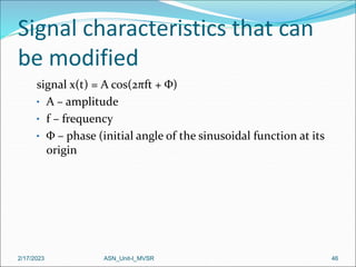 Signal characteristics that can
be modified
signal x(t) = A cos(2πft + Φ)
• A – amplitude
• f – frequency
• Φ – phase (initial angle of the sinusoidal function at its
origin
2/17/2023 46
ASN_Unit-I_MVSR
 