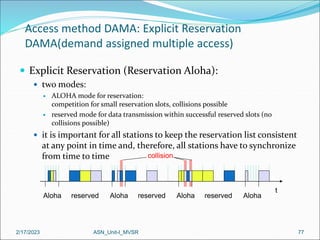 2/17/2023 ASN_Unit-I_MVSR 77
Access method DAMA: Explicit Reservation
DAMA(demand assigned multiple access)
 Explicit Reservation (Reservation Aloha):
 two modes:
 ALOHA mode for reservation:
competition for small reservation slots, collisions possible
 reserved mode for data transmission within successful reserved slots (no
collisions possible)
 it is important for all stations to keep the reservation list consistent
at any point in time and, therefore, all stations have to synchronize
from time to time
Aloha reserved Aloha reserved Aloha reserved Aloha
collision
t
 