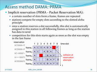 2/17/2023 ASN_Unit-I_MVSR 78
Access method DAMA: PRMA
 Implicit reservation (PRMA - Packet Reservation MA):
 a certain number of slots form a frame, frames are repeated
 stations compete for empty slots according to the slotted aloha
principle
 once a station reserves a slot successfully, this slot is automatically
assigned to this station in all following frames as long as the station
has data to send
 competition for this slots starts again as soon as the slot was empty
in the last frame
frame1
frame2
frame3
frame4
frame5
1 2 3 4 5 6 7 8 time-slot
collision at
reservation
attempts
A C D A B A F
A C A B A
A B A F
A B A F D
A C E E B A F D
t
ACDABA-F
ACDABA-F
AC-ABAF-
A---BAFD
ACEEBAFD
reservation
 