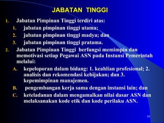 10 
JJAABBAATTAANN TTIINNGGGGII 
1. Jabatan Pimpinan Tinggi terdiri atas: 
1. jabatan pimpinan tinggi utama; 
2. jabatan pimpinan tinggi madya; dan 
3. jabatan pimpinan tinggi pratama. 
2. Jabatan Pimpinan Tinggi berfungsi memimpin dan 
memotivasi setiap Pegawai ASN pada Instansi Pemerintah 
melalui: 
A. kepeloporan dalam bidang: 1. keahlian profesional; 2. 
analisis dan rekomendasi kebijakan; dan 3. 
kepemimpinan manajemen. 
B. pengembangan kerja sama dengan instansi lain; dan 
C. keteladanan dalam mengamalkan nilai dasar ASN dan 
melaksanakan kode etik dan kode perilaku ASN. 
 