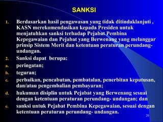 20 
SSAANNKKSSII 
1. Berdasarkan hasil pengawasan yang tidak ditindaklanjuti , 
KASN merekomendasikan kepada Presiden untuk 
menjatuhkan sanksi terhadap Pejabat Pembina 
Kepegawaian dan Pejabat yang Berwenang yang melanggar 
prinsip Sistem Merit dan ketentuan peraturan perundang-undangan. 
2. Sanksi dapat berupa: 
a. peringatan; 
b. teguran; 
c. perbaikan, pencabutan, pembatalan, penerbitan keputusan, 
dan/atau pengembalian pembayaran; 
d. hukuman disiplin untuk Pejabat yang Berwenang sesuai 
dengan ketentuan peraturan perundang- undangan; dan 
e. sanksi untuk Pejabat Pembina Kepegawaian, sesuai dengan 
ketentuan peraturan perundang- undangan. 
 