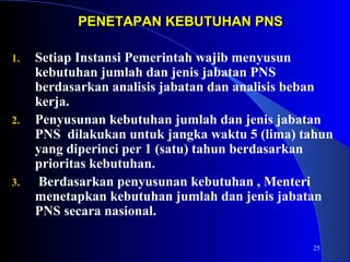 25 
PENETAPAN KKEEBBUUTTUUHHAANN PPNNSS 
1. Setiap Instansi Pemerintah wajib menyusun 
kebutuhan jumlah dan jenis jabatan PNS 
berdasarkan analisis jabatan dan analisis beban 
kerja. 
2. Penyusunan kebutuhan jumlah dan jenis jabatan 
PNS dilakukan untuk jangka waktu 5 (lima) tahun 
yang diperinci per 1 (satu) tahun berdasarkan 
prioritas kebutuhan. 
3. Berdasarkan penyusunan kebutuhan , Menteri 
menetapkan kebutuhan jumlah dan jenis jabatan 
PNS secara nasional. 
 