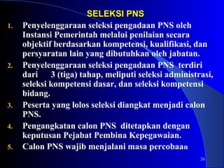 26 
SSEELLEEKKSSII PPNNSS 
1. Penyelenggaraan seleksi pengadaan PNS oleh 
Instansi Pemerintah melalui penilaian secara 
objektif berdasarkan kompetensi, kualifikasi, dan 
persyaratan lain yang dibutuhkan oleh jabatan. 
2. Penyelenggaraan seleksi pengadaan PNS terdiri 
dari 3 (tiga) tahap, meliputi seleksi administrasi, 
seleksi kompetensi dasar, dan seleksi kompetensi 
bidang. 
3. Peserta yang lolos seleksi diangkat menjadi calon 
PNS. 
4. Pengangkatan calon PNS ditetapkan dengan 
keputusan Pejabat Pembina Kepegawaian. 
5. Calon PNS wajib menjalani masa percobaan 
 