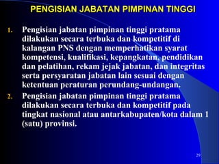 29 
PENGISIAN JABATAN PPIIMMPPIINNAANN TTIINNGGGGII 
1. Pengisian jabatan pimpinan tinggi pratama 
dilakukan secara terbuka dan kompetitif di 
kalangan PNS dengan memperhatikan syarat 
kompetensi, kualifikasi, kepangkatan, pendidikan 
dan pelatihan, rekam jejak jabatan, dan integritas 
serta persyaratan jabatan lain sesuai dengan 
ketentuan peraturan perundang-undangan. 
2. Pengisian jabatan pimpinan tinggi pratama 
dilakukan secara terbuka dan kompetitif pada 
tingkat nasional atau antarkabupaten/kota dalam 1 
(satu) provinsi. 
 