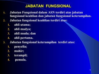 9 
JJAABBAATTAANN FFUUNNGGSSIIOONNAALL 
1. Jabatan Fungsional dalam ASN terdiri atas jabatan 
fungsional keahlian dan jabatan fungsional keterampilan. 
2. Jabatan fungsional keahlian terdiri atas: 
1. ahli utama; 
2. ahli madya; 
3. ahli muda; dan 
4. ahli pertama. 
3. Jabatan fungsional keterampilan terdiri atas: 
1. penyelia; 
2. mahir; 
3. terampil; 
4. pemula. 
 