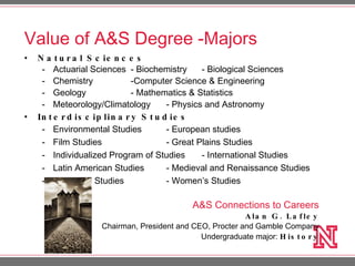Value of A&S Degree -Majors Natural Sciences Actuarial Sciences - Biochemistry - Biological Sciences Chemistry -Computer Science & Engineering Geology - Mathematics & Statistics Meteorology/Climatology - Physics and Astronomy Interdisciplinary Studies Environmental Studies - European studies Film Studies  - Great Plains Studies Individualized Program of Studies - International Studies Latin American Studies - Medieval and Renaissance Studies University Studies - Women’s Studies A&S Connections to Careers Alan G. Lafley Chairman, President and CEO, Procter and Gamble Company Undergraduate major:  History 