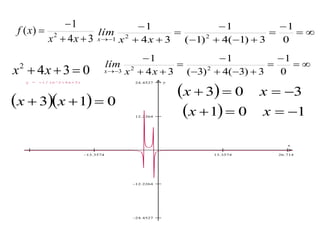 34
1
)( 2



xx
xf 







 0
1
3)1(4)1(
1
34
1
221 xx
lím
x








 0
1
3)3(4)3(
1
34
1
223 xx
lím
x0342
 xx
   013  xx
  303  xx
  101  xx
  




x
yy = -1/(x^2+4x+3)
 