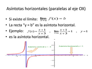 Asíntotas horizontales (paralelas al eje OX)
• Si existe el límite:
• La recta “y = b” es la asíntota horizontal.
• Ejemplo:
• es la asíntota horizontal.
 