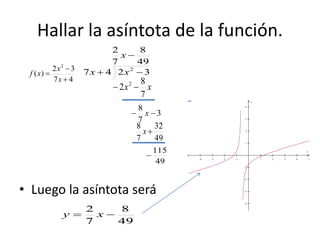 Hallar la asíntota de la función.
• Luego la asíntota será
47
32
)(
2



x
x
xf
49
8
7
2
3247 2


x
xx
xx
7
8
2 2

3
7
8
 x
49
32
7
8
x
49
115

49
8
7
2
 xy
        








x
y
 