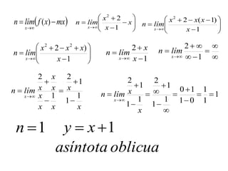 










x
x
x
límn
x 1
22
 mxxflímn
x


)(









 1
)1(22
x
xxx
límn
x









 1
)2 22
x
xxx
límn
x 1
2



 x
x
límn
x 





 1
2
x
límn
x
x
xx
x
x
x
xlímn
x 1
1
1
2
1
2






 1
1
1
01
10
1
1
1
2
1
1
1
2












x
xlímn
x
1n 1 xy
oblicuaasíntota
 