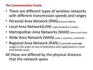 The Communication Puzzle
• There are different types of wireless networks
with different transmission speeds and ranges
• Personal Area Network (PAN)personal objects
• Local Area Network(LAN) single building or campus
• Metropolitan Area Networks (MAN) towns and cities
• Wide Area Network (WAN) states, countries, continents
• Regional Area Network (RAN) to provide coverage
ranges in the order of tens of kilometers with applications in rural
and remote areas
All these are differed by the physical distance
that the network spans
 