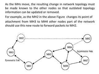 As the MHs move, the resulting change in network topology must
be made known to the other nodes so that outdated topology
information can be updated or removed.
For example, as the MH2 in the above Figure changes its point of
attachment from MH3 to MH4 other nodes part of the network
should use this new route to forward packets to MH2.
 