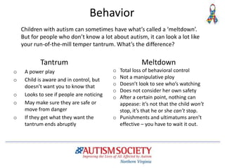 Behavior
Tantrum
o A power play
o Child is aware and in control, but
doesn’t want you to know that
o Looks to see if people are noticing
o May make sure they are safe or
move from danger
o If they get what they want the
tantrum ends abruptly
Meltdown
o Total loss of behavioral control
o Not a manipulative ploy
o Doesn’t look to see who’s watching
o Does not consider her own safety
o After a certain point, nothing can
appease: it’s not that the child won’t
stop, it’s that he or she can’t stop.
o Punishments and ultimatums aren’t
effective – you have to wait it out.
Children with autism can sometimes have what’s called a ‘meltdown’.
But for people who don’t know a lot about autism, it can look a lot like
your run-of-the-mill temper tantrum. What’s the difference?
 