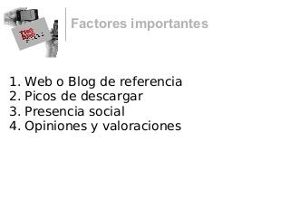 Factores importantes
1. Web o Blog de referencia
2. Picos de descargar
3. Presencia social
4. Opiniones y valoraciones
 