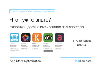 Что нужно знать?
App Store Optimization indiline.com
Этап 2 - проработка страницы приложения
Название - должно быть понятн...