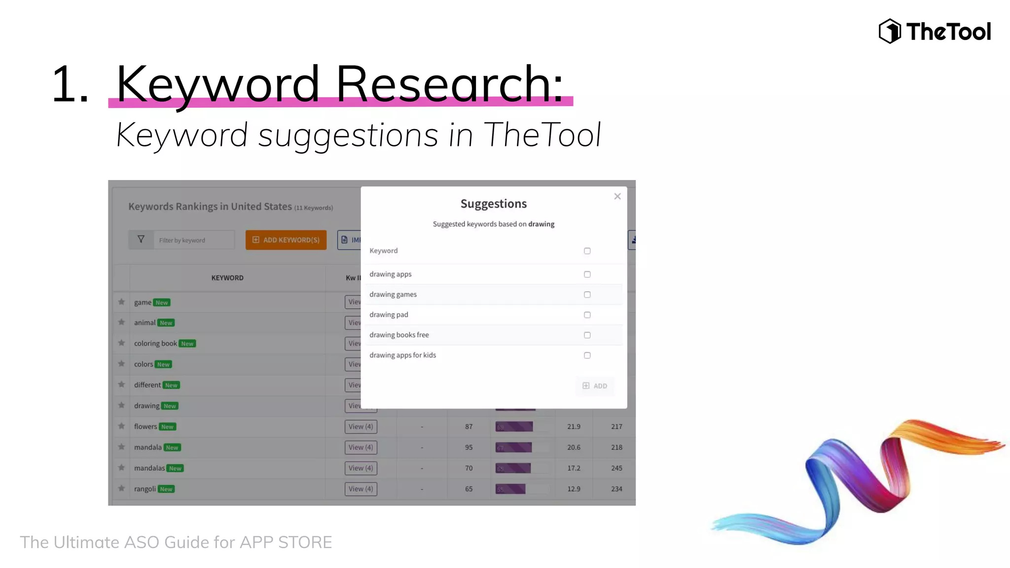 1. Keyword Research:
Keyword suggestions in TheTool
The Ultimate ASO Guide for APP STORE
 