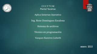 C E C Y T E M
Plantel Tecámac
Aplica Sistemas Operativo
Ing. Rene Domínguez Escalona
Sistema de archivos
Técnico en programación
Vazquez Ramírez Lizbeth
enero 2015
 