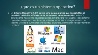 ¿que es un sistema operativo?
 Un Sistema Operativo (S.O.) es una serie de programas que le posibilitan al
usuario la administración eficaz de los recursos de un ordenador. Además,
actúa como nexo entre las aplicaciones, el hardware y el usuario. Todo sistema
operativo tiene cinco funciones: administrar los recursos, otorgar servicio de
soporte y utilidad, suministrar una interfaz al usuario, administrar tareas y también
archivos.
 