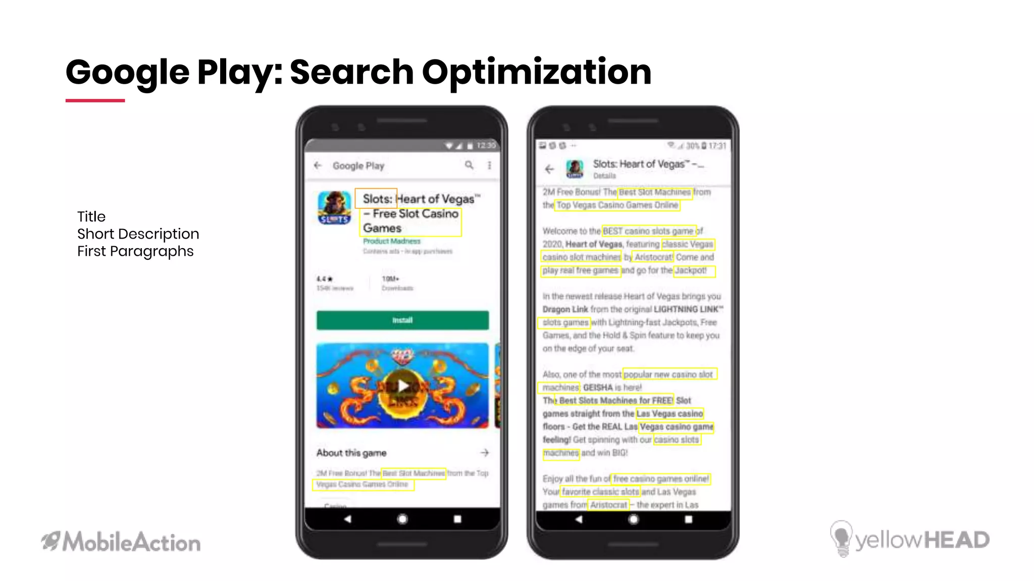 Google Play: Search Optimization
Title
Short Description
First Paragraphs
 