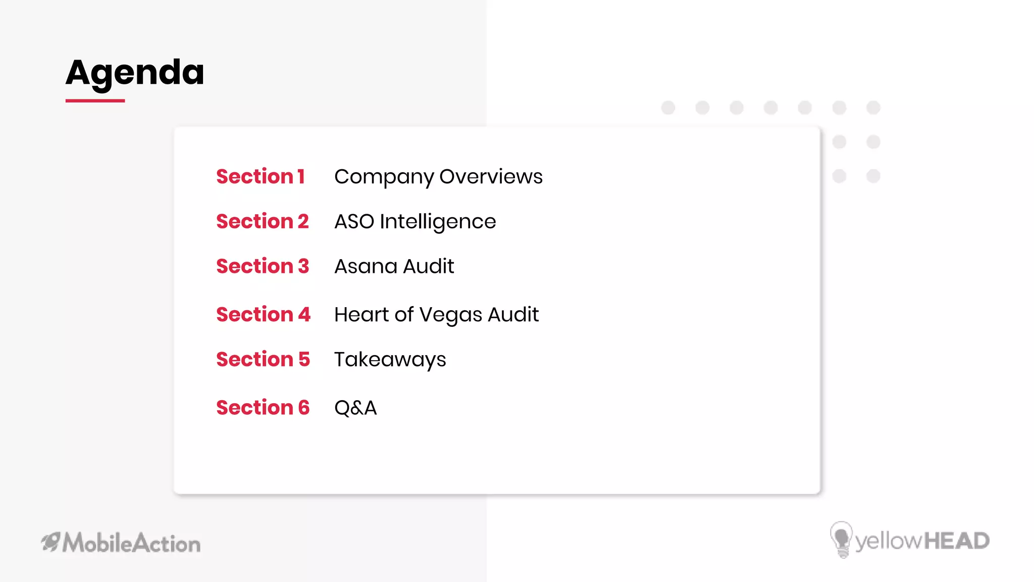 Section 1 Company Overviews
Section 2 ASO Intelligence
Section 3
Section 4
Asana Audit
Heart of Vegas Audit
Section 5
Section 6
Takeaways
Q&A
Agenda
Aysu Yildiz
Sales Team Lead
 