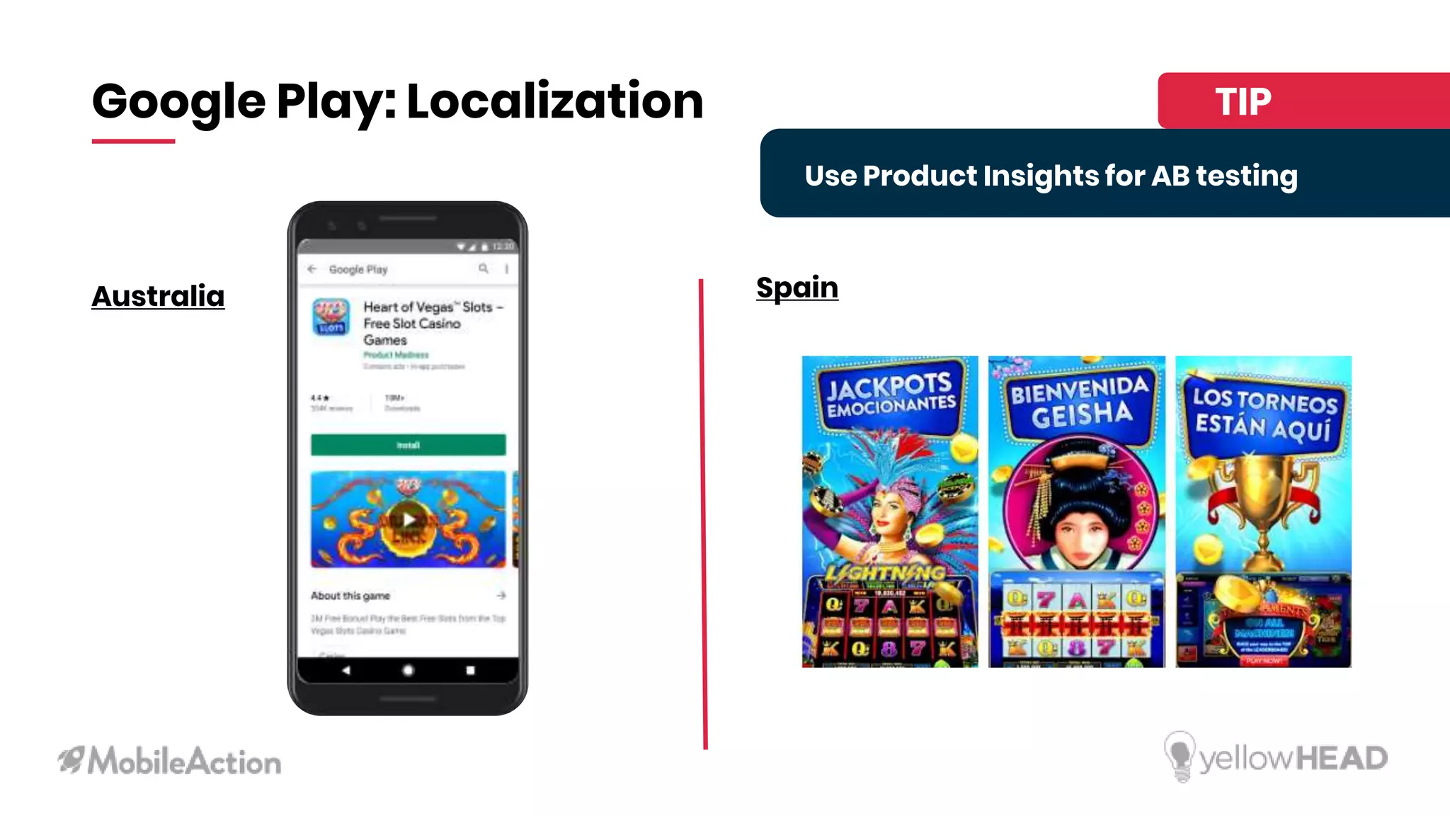 TIPGoogle Play: Localization
Australia Spain
Use Product Insights for AB testing
 
