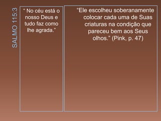 “ No céu está o
nosso Deus e
tudo faz como
lhe agrada.”
“Ele escolheu soberanamente
colocar cada uma de Suas
criaturas na condição que
pareceu bem aos Seus
olhos.” (Pink, p. 47)
 