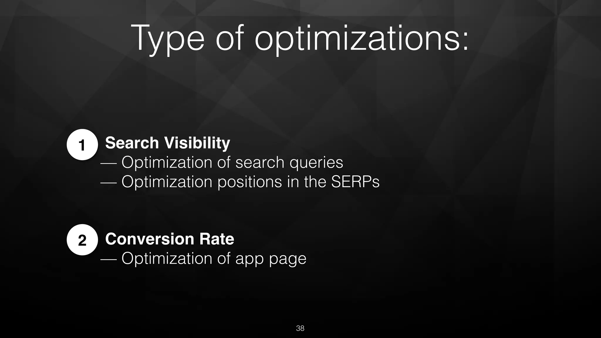 Search Visibility 
— Optimization of search queries 
— Optimization positions in the SERPs 
Conversion Rate 
— Optimization of app page
1
2
38
Type of optimizations:
 