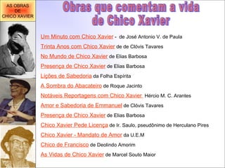 Um Minuto com Chico Xavier  -  de José Antonio V. de Paula Trinta Anos com Chico Xavier  de de Clóvis Tavares No Mundo de Chico Xavier  de Elias Barbosa Presença de Chico Xavier  de Elias Barbosa Lições de Sabedoria  da Folha Espírita A Sombra do Abacateiro  de Roque Jacinto Notáveis Reportagens com Chico Xavier  Hércio M. C. Arantes Amor e Sabedoria de Emmanuel  de Clóvis Tavares Presença de Chico Xavier  de Elias Barbosa Chico Xavier Pede Licença  de Ir. Saulo, pseudônimo de Herculano Pires Chico Xavier - Mandato de Amor  da U.E.M  Chico de Francisco  de Deolindo Amorim As Vidas de Chico Xavier  de Marcel Souto Maior Obras que comentam a vida  de Chico Xavier AS OBRAS DE CHICO XAVIER 