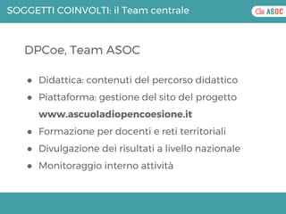 DPCoe, Team ASOC
● Didattica: contenuti del percorso didattico
● Piattaforma: gestione del sito del progetto
www.ascuoladi...