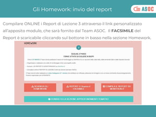 Gli Homework: invio del report
Compilare ONLINE i Report di Lezione 3 attraverso il link personalizzato
all’apposito modul...